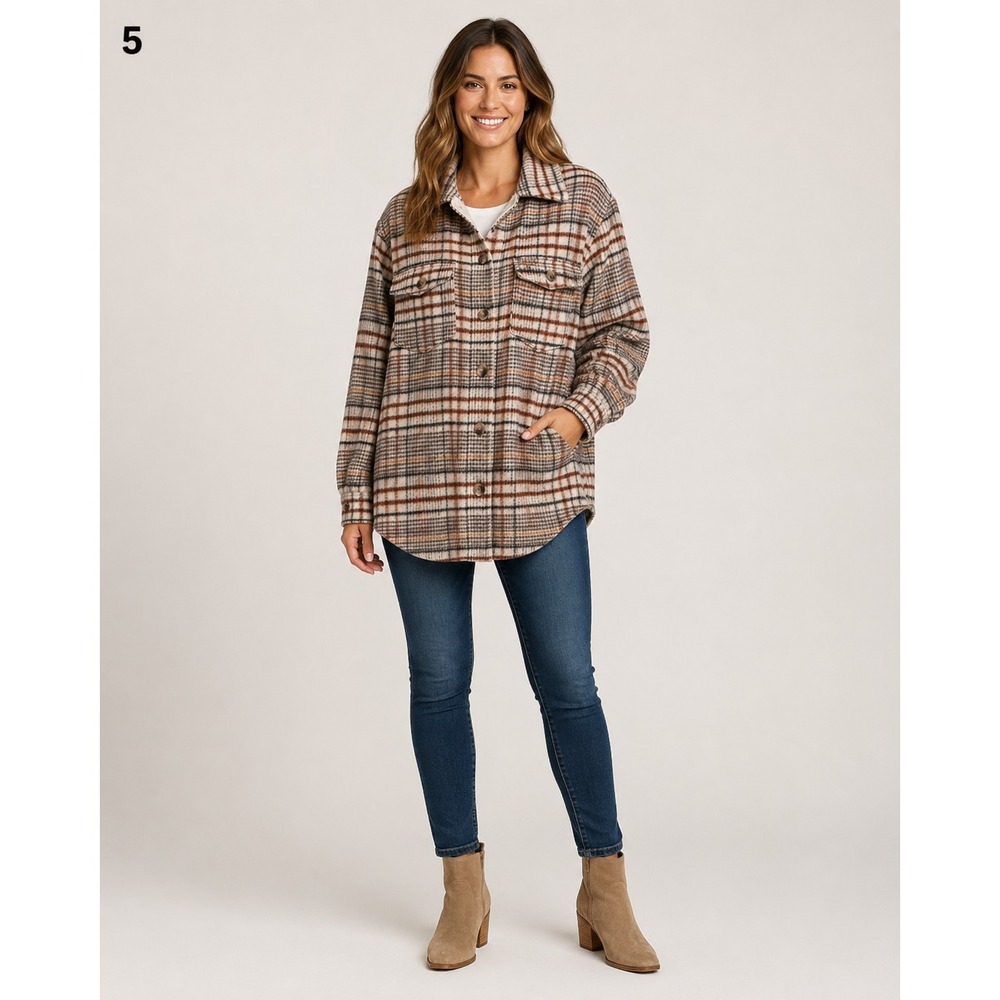 Joie‎ Shacket Womens Small Cream Brown Black Plaid Polyester Wool Blend Pockets